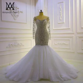 vestido longo Hosszú Ujjú Kristály Gyöngyös Luxus Sellő Esküvői Ruha