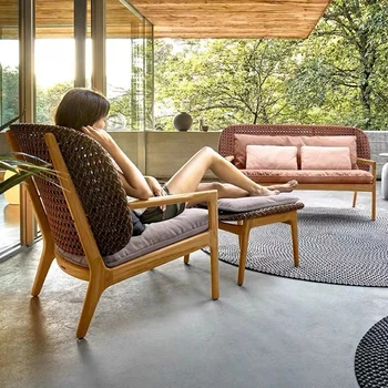 Kültéri szabadidős teak kanapé villa erkély vízálló, valamint fényvédő udvar rattan kerti kanapé kombináció