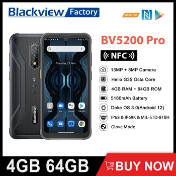 Blackview BV5200 Pro 4 GB 64 gb-os 13MP ArcSoft Fényképezőgép, Okostelefon Octa-Core Android 12 Masszív Mobiltelefon 5180mAh NFC Mobil Telefon