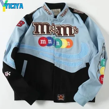 YICIYA bomber dzseki Racing kabátok Baseball Dzseki unisex túlméretes y2k vintage Amerikai Hímzett Kabát téli kabát
