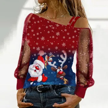 Elegáns Női Tunikák Tshirts Blusa Feminina Női Divat Alkalmi Karácsonyi Nyomtatás Hideg Váll Hosszú Ujjú Felső Patchwork