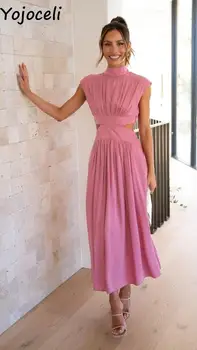 Yojoceli Nyári női egyszínű ujjatlan ruha Alkalmi strand hosszú maxi ruha Üreges ki, szexi, elegáns női ruha vestidos