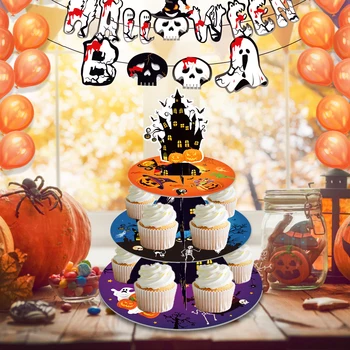 3 Tier Halloween Muffin Állvány, Fesztivál, Buli, Desszert, Torta Kijelző Állni Boo Szellem Babaváró Buli, Torta Díszítés, Kellékek