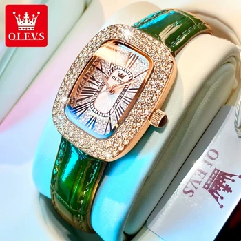 OLEVS Új Női Kvarc Karóra Luxus Teljes Gyémánt Tárcsa Vízálló Zöld Bőr Szíj Fashion Quartz Női Karóra Reloj Mujer