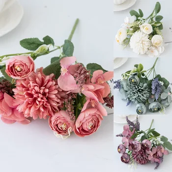 Mesterséges Rózsa Vintage Selyem Hortenzia Bazsarózsa Menyasszony Csokor, Esküvő Dekoráció Hamis Virág Haza Virágkötészeti Kellékek