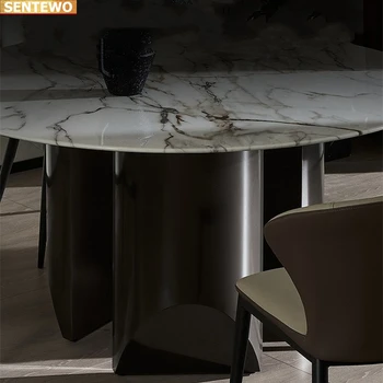 Tervező Luxus kerek konyha Márvány Kő Födém étkező asztal beállítása 8 székek mesa comedor bútor comedor marbre Szén-acél alap