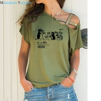 A nők Állatok Tshirt Macska Zuhany Utca Nyomtatás Japán póló, Alkalmi Ruha T-shirt a Macska Szabálytalan Elfordulás Kereszt Kötés Tee