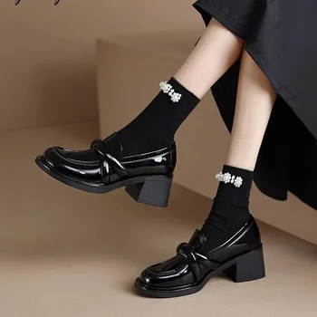 naplopók sarkú mary janes Brit Stílus Naplopók Nők Platform Bőr Alkalmi magassarkú Cipő Office Lady Női Cipő Vintage cipő