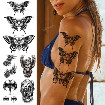 pillangó szárnyak kar ujja ideiglenes tetoválás a nők, férfiak, body art tattoo hamis waterprof fekete koponya japán lány tetoválás matrica